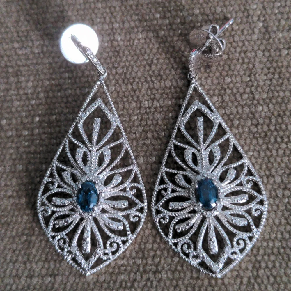 London Blue Sterling Silver Teardrop Earrings, Sparkling  Gemstone Filagree, New